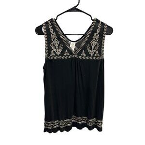 Womens Embroidered Black Sleeveless V-Neck Scalloped Hem Top Boho Chic Retro